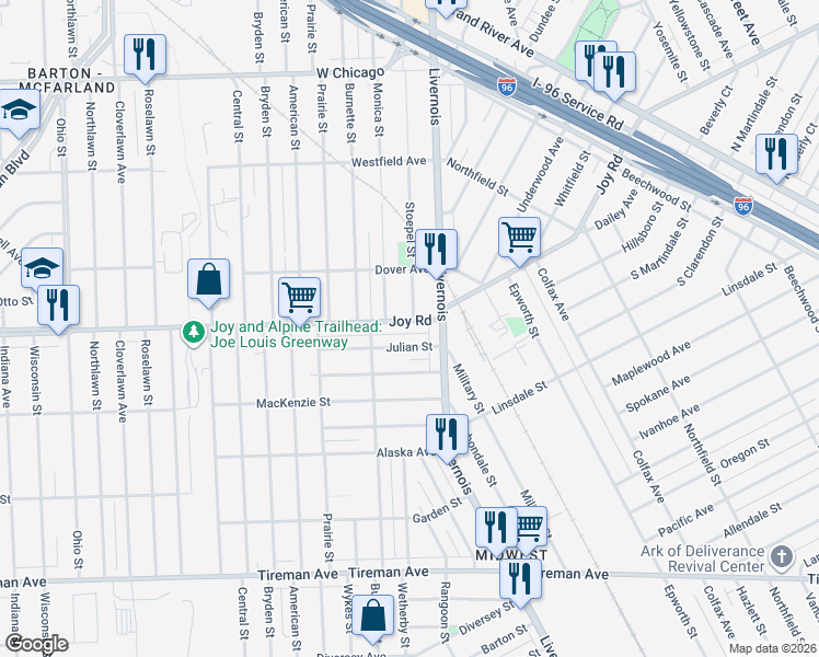 map of restaurants, bars, coffee shops, grocery stores, and more near 6329 Julian Street in Detroit