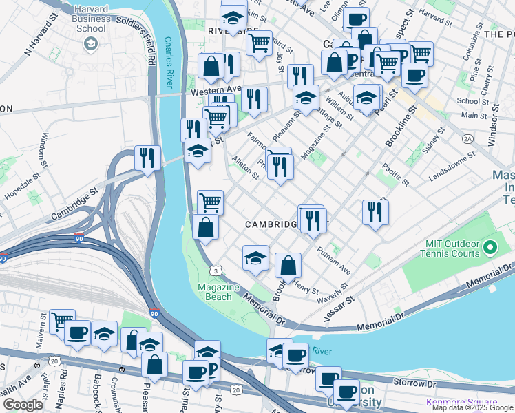 map of restaurants, bars, coffee shops, grocery stores, and more near 129 Magazine St in Mid-Cambridge
