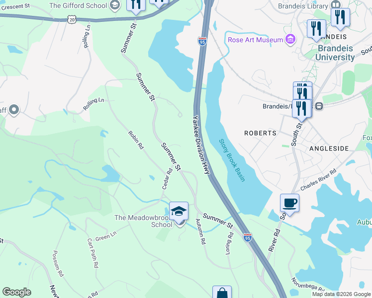 map of restaurants, bars, coffee shops, grocery stores, and more near 130 Summer Street in Weston