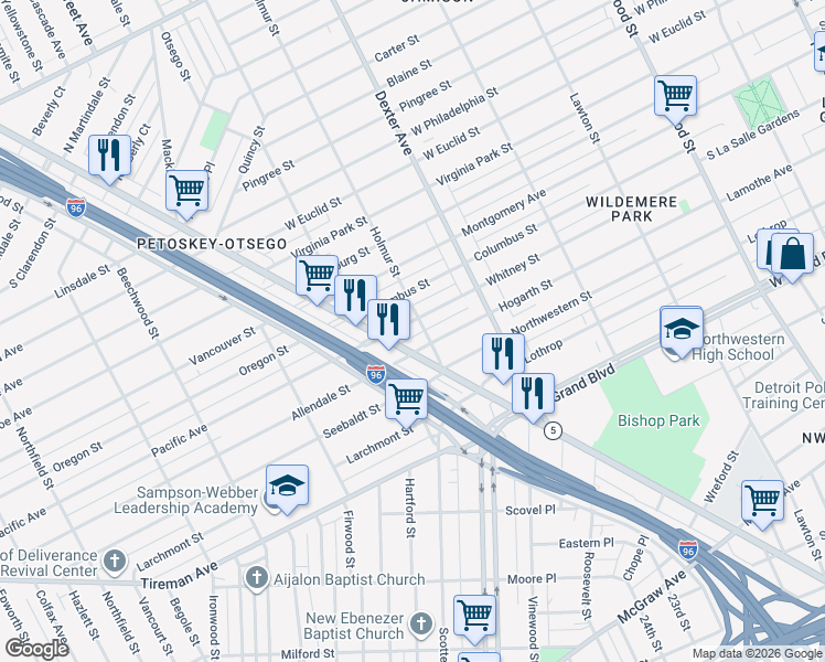 map of restaurants, bars, coffee shops, grocery stores, and more near 7600 Grand River Avenue in Detroit