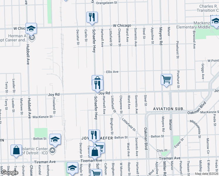 map of restaurants, bars, coffee shops, grocery stores, and more near in Detroit