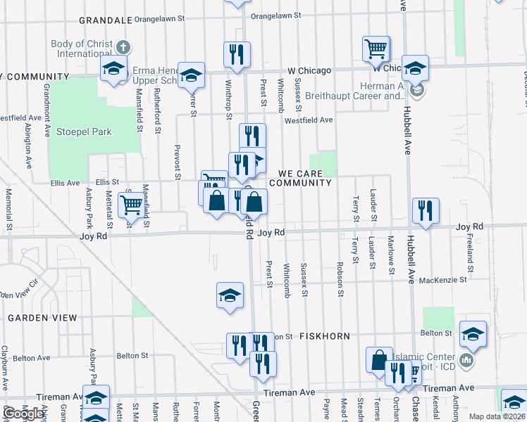 map of restaurants, bars, coffee shops, grocery stores, and more near 15406 Joy Road in Detroit
