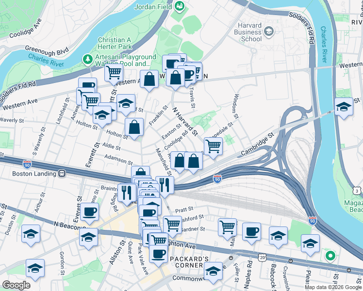 map of restaurants, bars, coffee shops, grocery stores, and more near 10 Holman Street in Boston