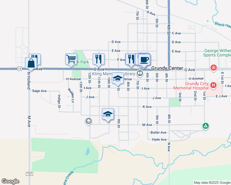 map of restaurants, bars, coffee shops, grocery stores, and more near 903 9th Street in Grundy Center