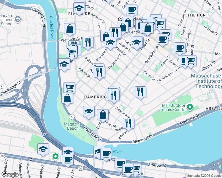 map of restaurants, bars, coffee shops, grocery stores, and more near in Cambridge
