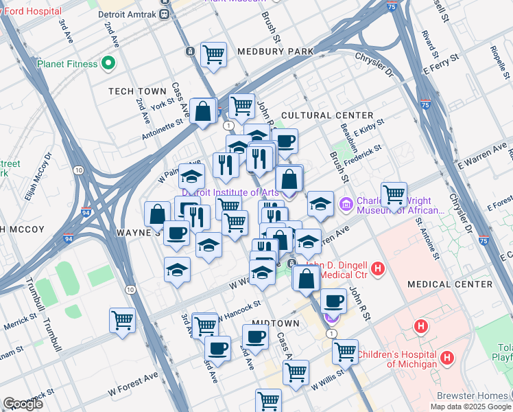 map of restaurants, bars, coffee shops, grocery stores, and more near 42 West Warren Avenue in Detroit