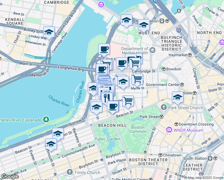 map of restaurants, bars, coffee shops, grocery stores, and more near 105 Charles Street in Boston