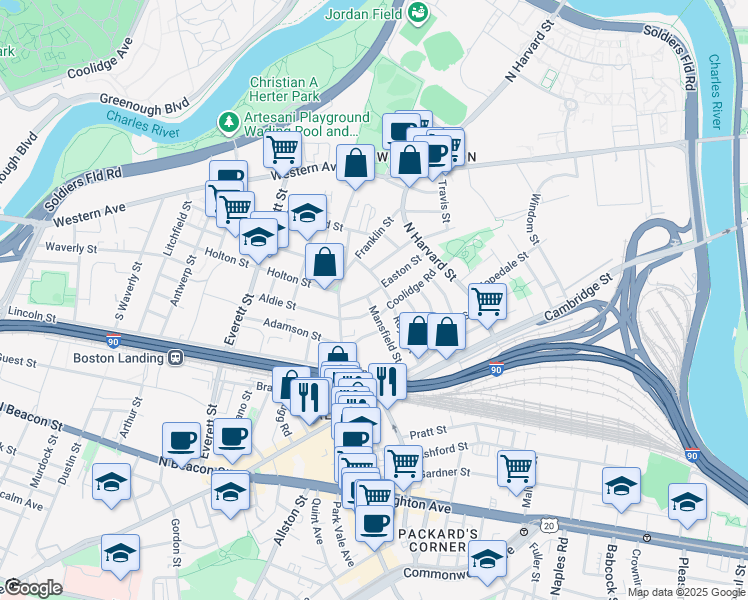 map of restaurants, bars, coffee shops, grocery stores, and more near 38 Mansfield Street in Boston