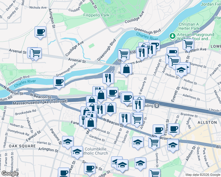 map of restaurants, bars, coffee shops, grocery stores, and more near 100 Leo M Birmingham Parkway in Boston