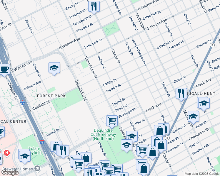 map of restaurants, bars, coffee shops, grocery stores, and more near 4156 Saint Aubin Street in Detroit