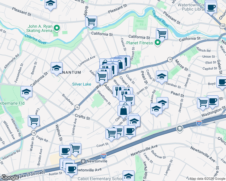 map of restaurants, bars, coffee shops, grocery stores, and more near 168 Adams Street in Newton