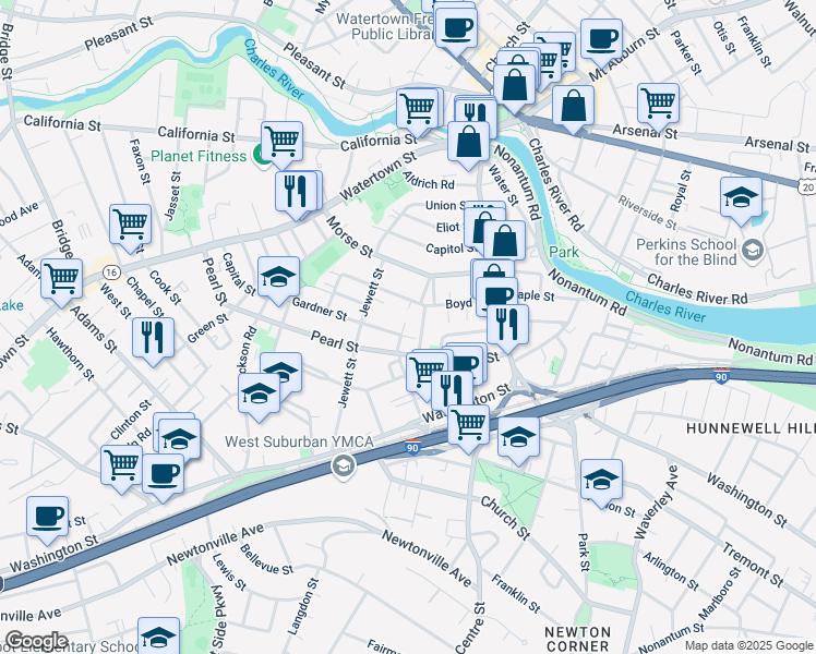 map of restaurants, bars, coffee shops, grocery stores, and more near 35 Emerson Street in Newton