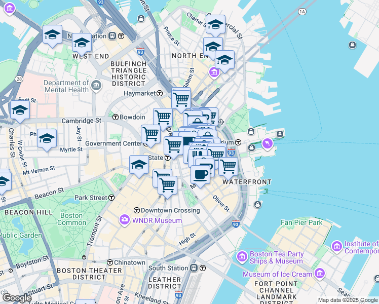 map of restaurants, bars, coffee shops, grocery stores, and more near 75 State Street in Boston