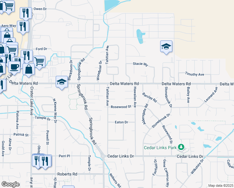 map of restaurants, bars, coffee shops, grocery stores, and more near 2556 Delmar Way in Medford