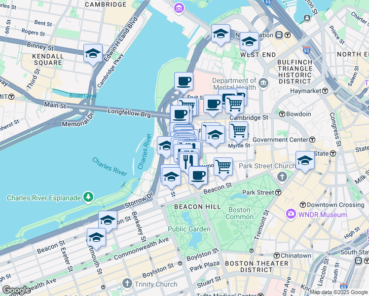 map of restaurants, bars, coffee shops, grocery stores, and more near 105 Charles Street in Boston