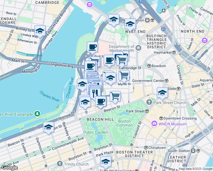map of restaurants, bars, coffee shops, grocery stores, and more near 9 Louisburg Square in Boston