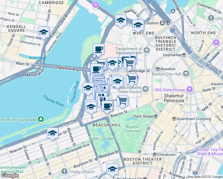 map of restaurants, bars, coffee shops, grocery stores, and more near 9 Louisburg Square in Boston