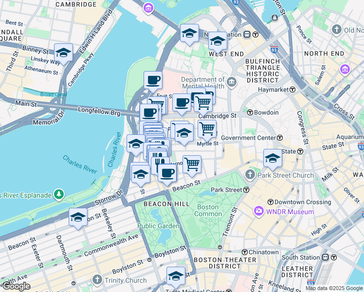 map of restaurants, bars, coffee shops, grocery stores, and more near 100 Myrtle Street in Boston
