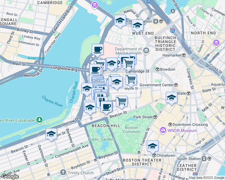 map of restaurants, bars, coffee shops, grocery stores, and more near 9 Louisburg Square in Boston