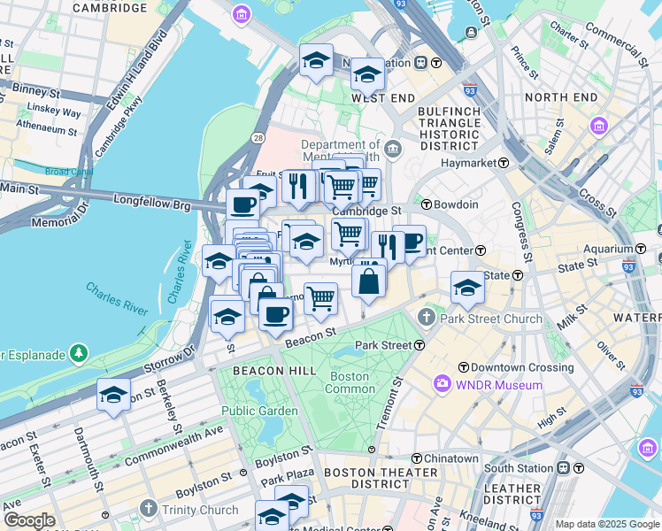 map of restaurants, bars, coffee shops, grocery stores, and more near 75 Mount Vernon Street in Boston
