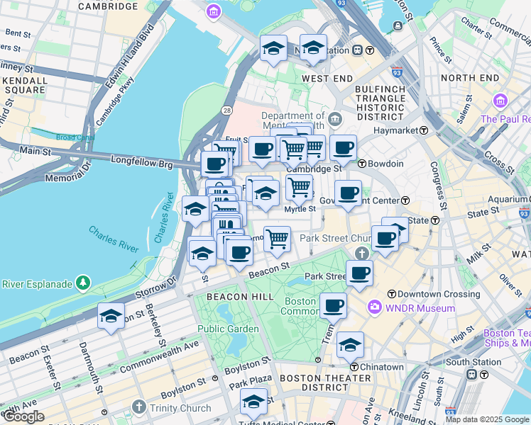 map of restaurants, bars, coffee shops, grocery stores, and more near 61 Anderson Street in Boston