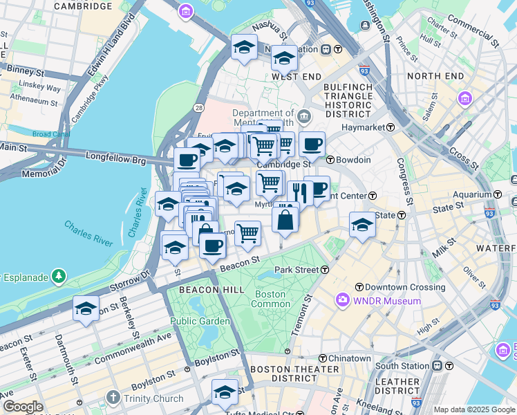 map of restaurants, bars, coffee shops, grocery stores, and more near 60 Myrtle Street in Boston