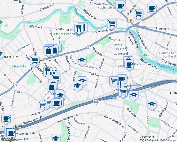 map of restaurants, bars, coffee shops, grocery stores, and more near 99 Waban Park in Newton