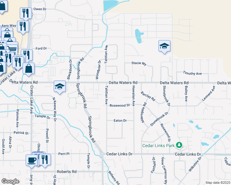 map of restaurants, bars, coffee shops, grocery stores, and more near 2556 Delmar Way in Medford