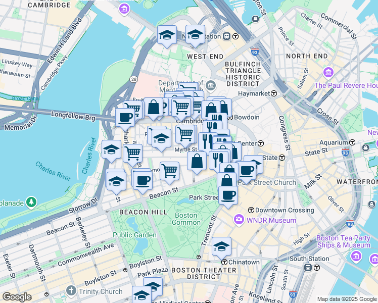 map of restaurants, bars, coffee shops, grocery stores, and more near 49 Mount Vernon Street in Boston