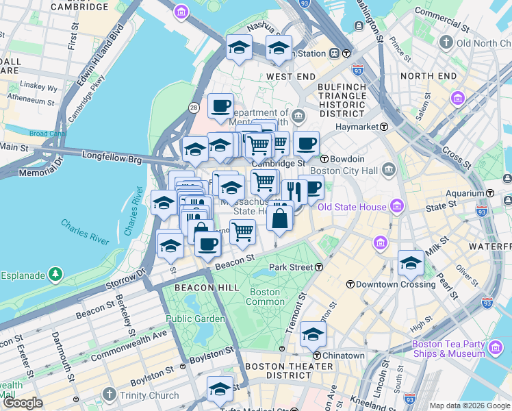 map of restaurants, bars, coffee shops, grocery stores, and more near in Boston