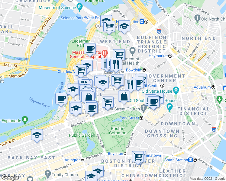 map of restaurants, bars, coffee shops, grocery stores, and more near 75 Mount Vernon Street in Boston