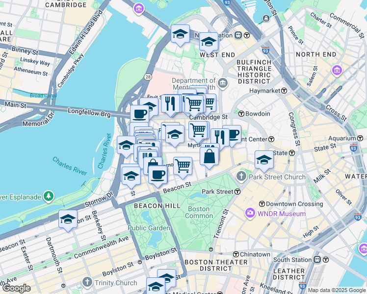 map of restaurants, bars, coffee shops, grocery stores, and more near in Boston