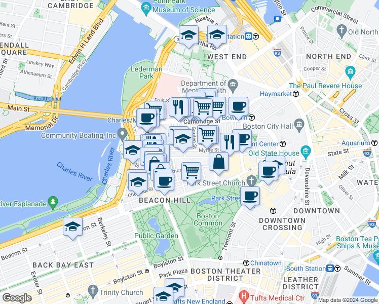 map of restaurants, bars, coffee shops, grocery stores, and more near in Boston
