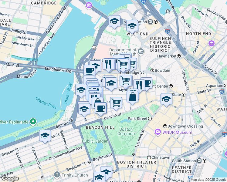 map of restaurants, bars, coffee shops, grocery stores, and more near in Boston