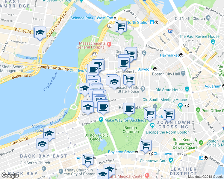 map of restaurants, bars, coffee shops, grocery stores, and more near 9 Louisburg Square in Boston