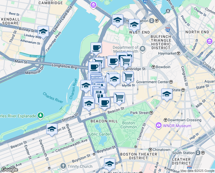map of restaurants, bars, coffee shops, grocery stores, and more near 9 Louisburg Square in Boston