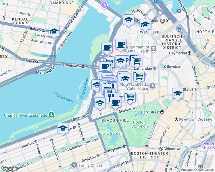 map of restaurants, bars, coffee shops, grocery stores, and more near 121 Pinckney Street in Boston