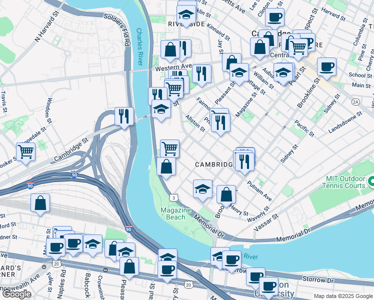 map of restaurants, bars, coffee shops, grocery stores, and more near 17 Florence Street in Cambridge