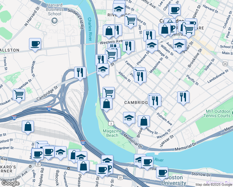 map of restaurants, bars, coffee shops, grocery stores, and more near 17 Florence Street in Cambridge