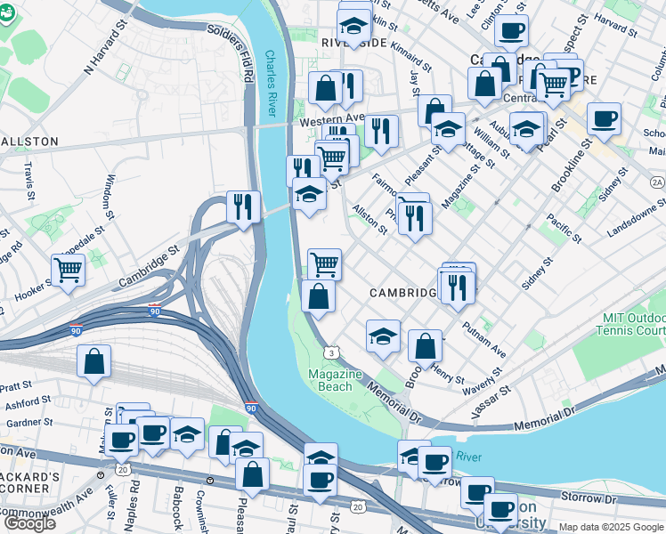 map of restaurants, bars, coffee shops, grocery stores, and more near 17 Florence Street in Cambridge