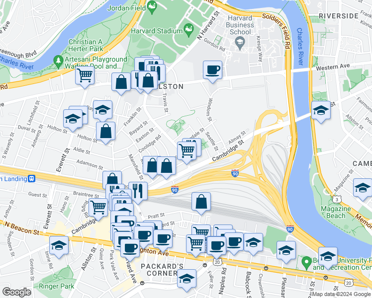 map of restaurants, bars, coffee shops, grocery stores, and more near 76 Empire Street in Boston