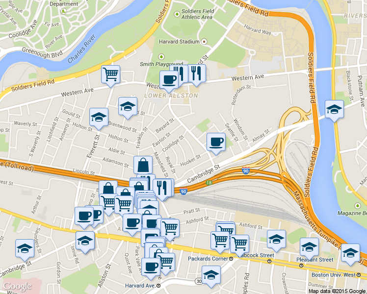 map of restaurants, bars, coffee shops, grocery stores, and more near 40 Hooker Street in Boston