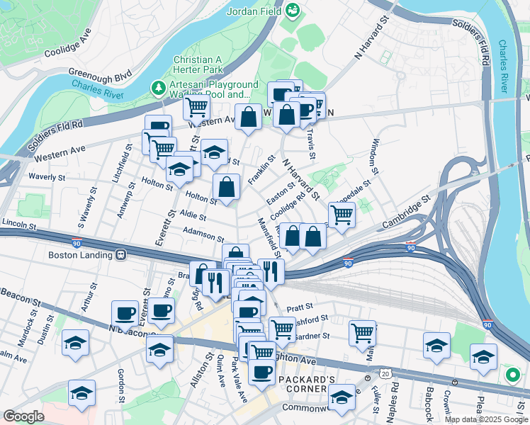 map of restaurants, bars, coffee shops, grocery stores, and more near 38 Mansfield Street in Boston