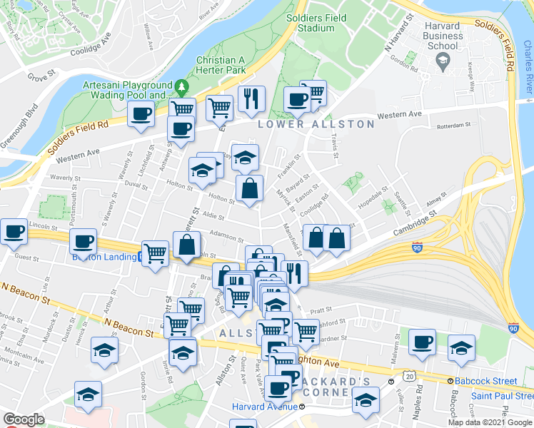map of restaurants, bars, coffee shops, grocery stores, and more near 81 Franklin Street in Boston