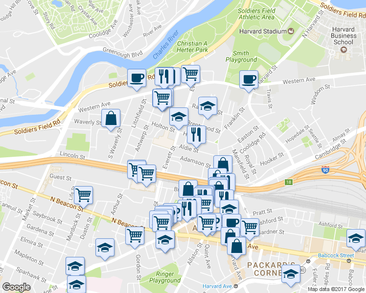 map of restaurants, bars, coffee shops, grocery stores, and more near 16 Adamson Street in Boston