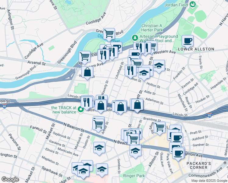 map of restaurants, bars, coffee shops, grocery stores, and more near 7 Antwerp Street in Boston