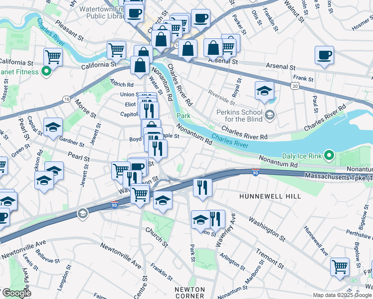 map of restaurants, bars, coffee shops, grocery stores, and more near 8 Nonantum Place in Newton