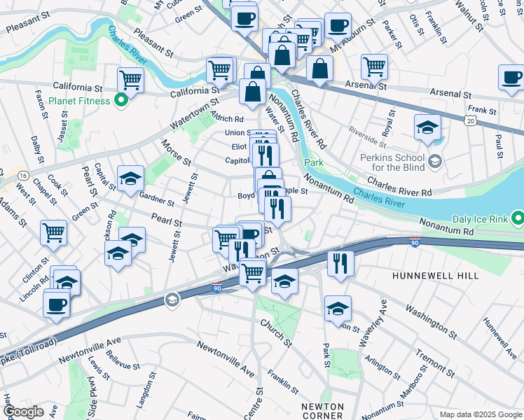 map of restaurants, bars, coffee shops, grocery stores, and more near 261 Centre Street in Newton