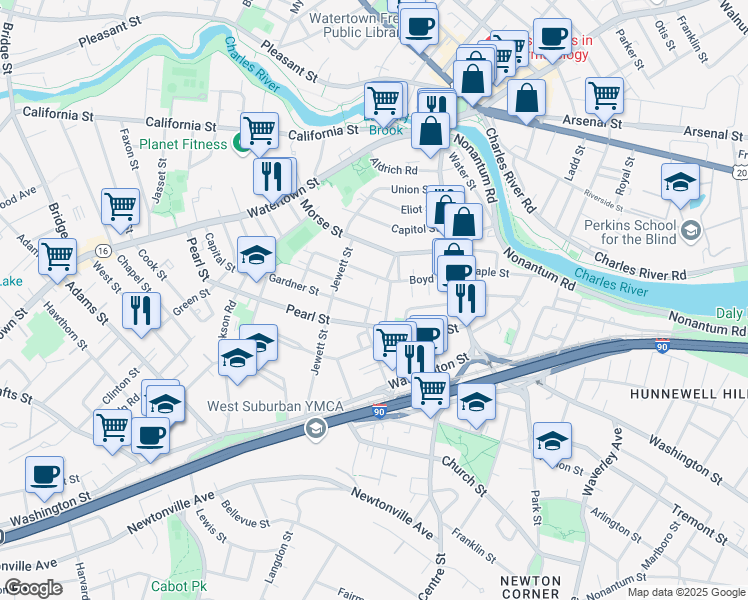 map of restaurants, bars, coffee shops, grocery stores, and more near 35 Emerson Street in Newton