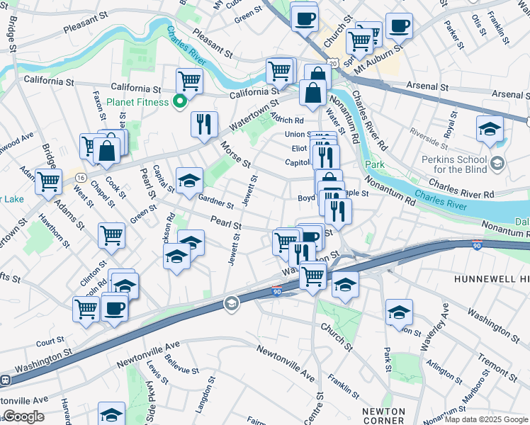map of restaurants, bars, coffee shops, grocery stores, and more near 105 Pearl Street in Newton